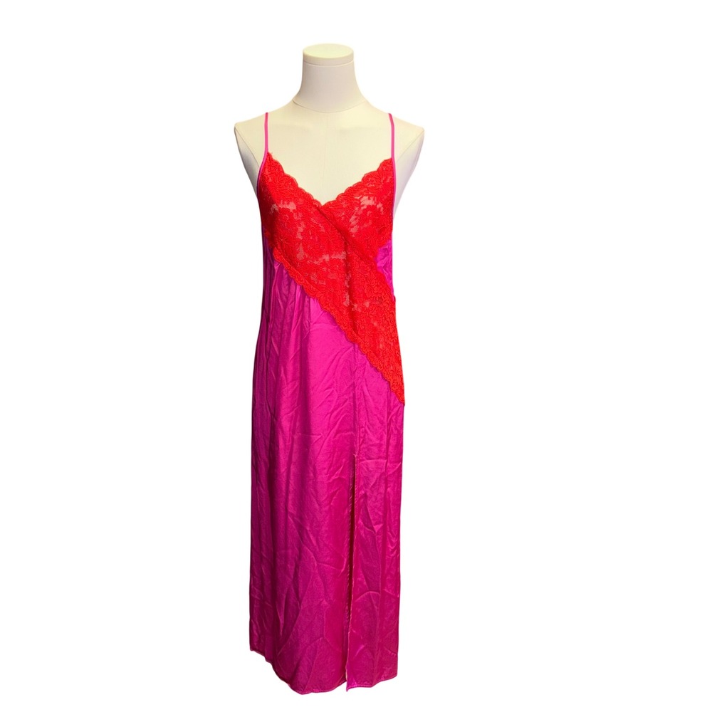 Topshop Womens Pink Satin Lace Trim Maxi Slip Dress Red Lace V-Neck Size 2